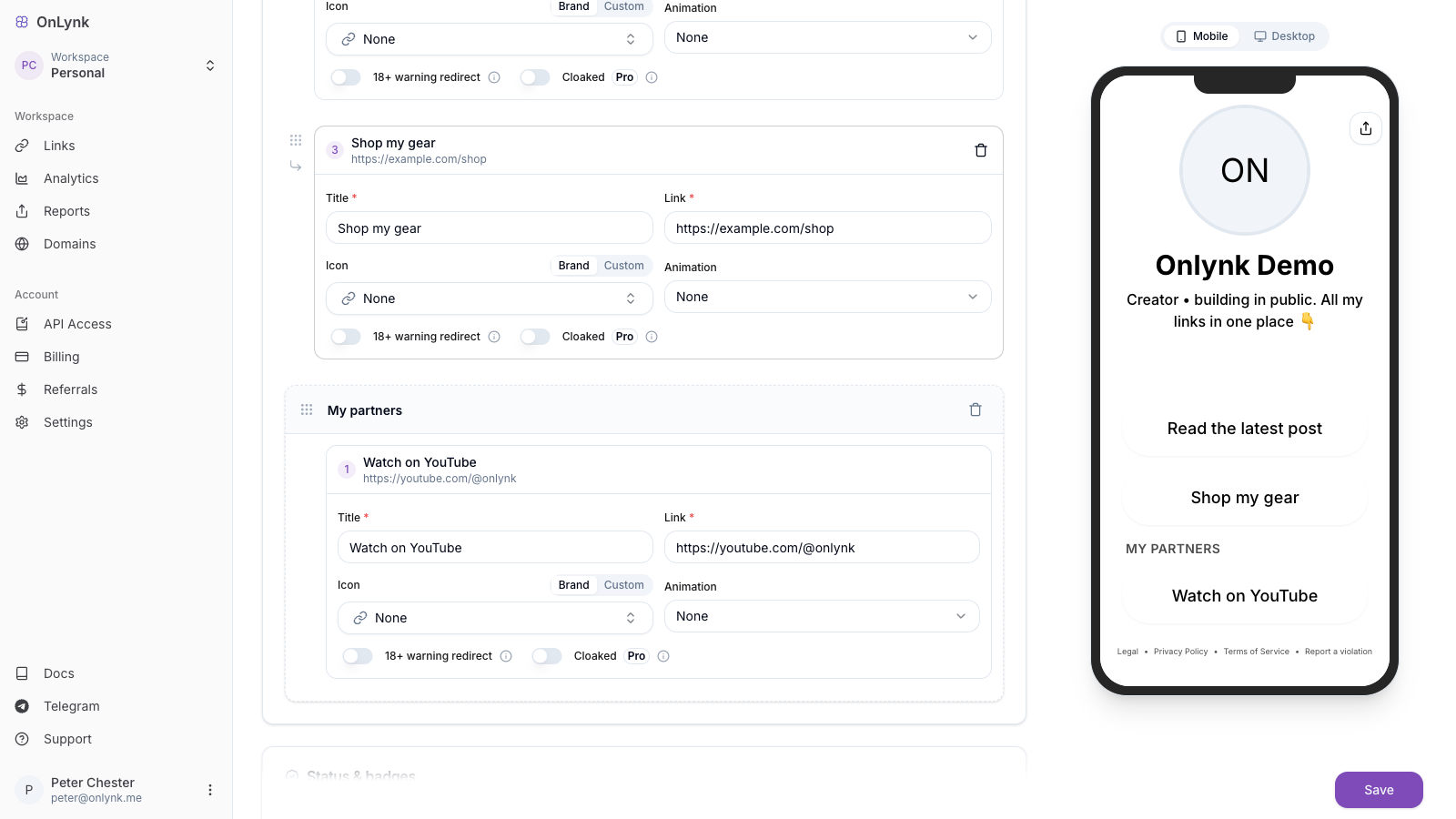 OnLynk page editor Content tab with a named section grouping links and cards