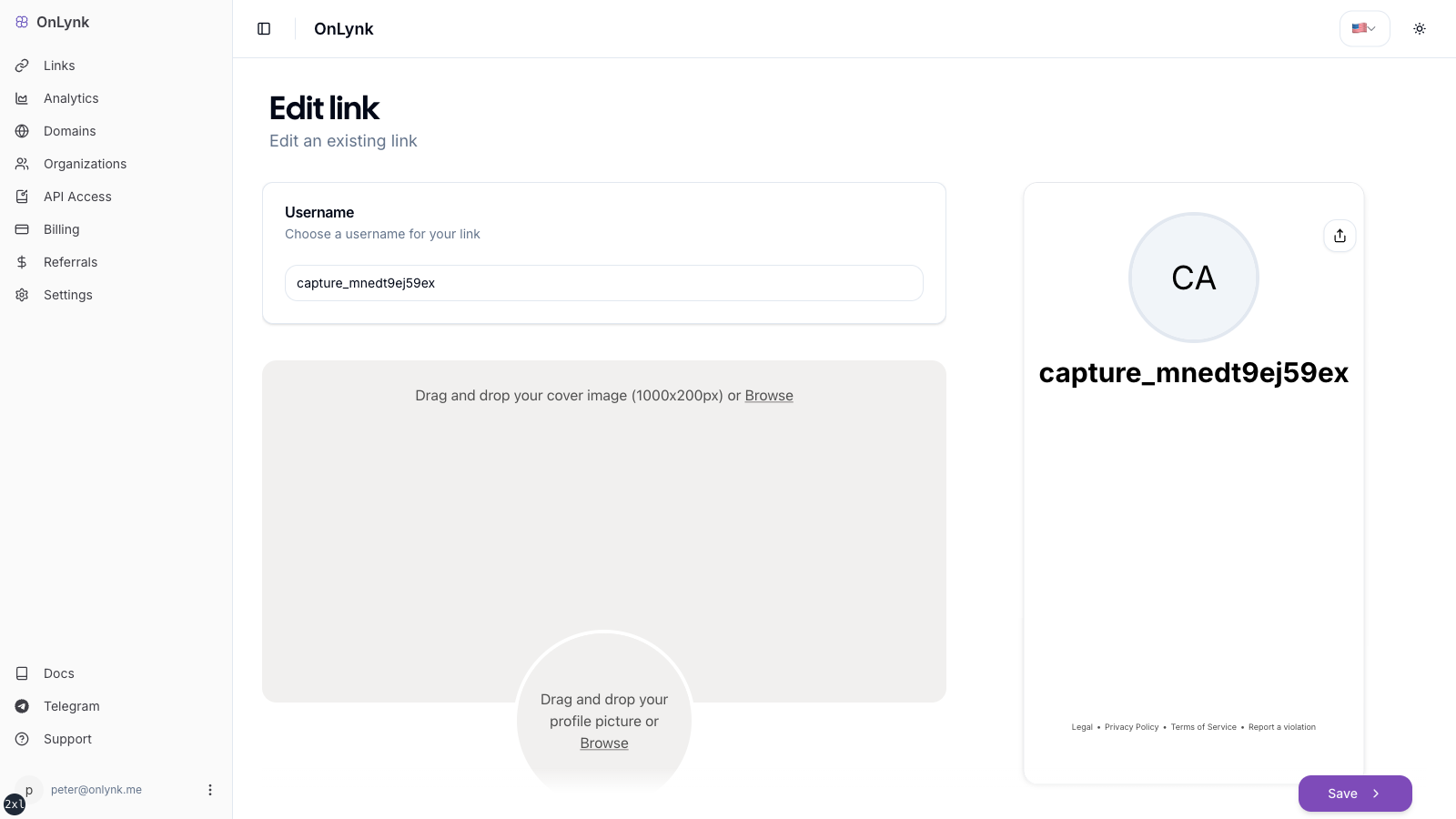 OnLynk link page editor in the dashboard
