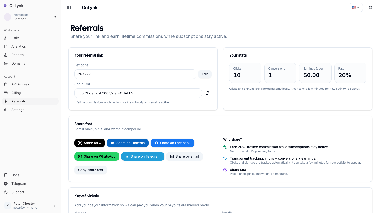 OnLynk Referrals dashboard: referral link, commission rate, and performance stats