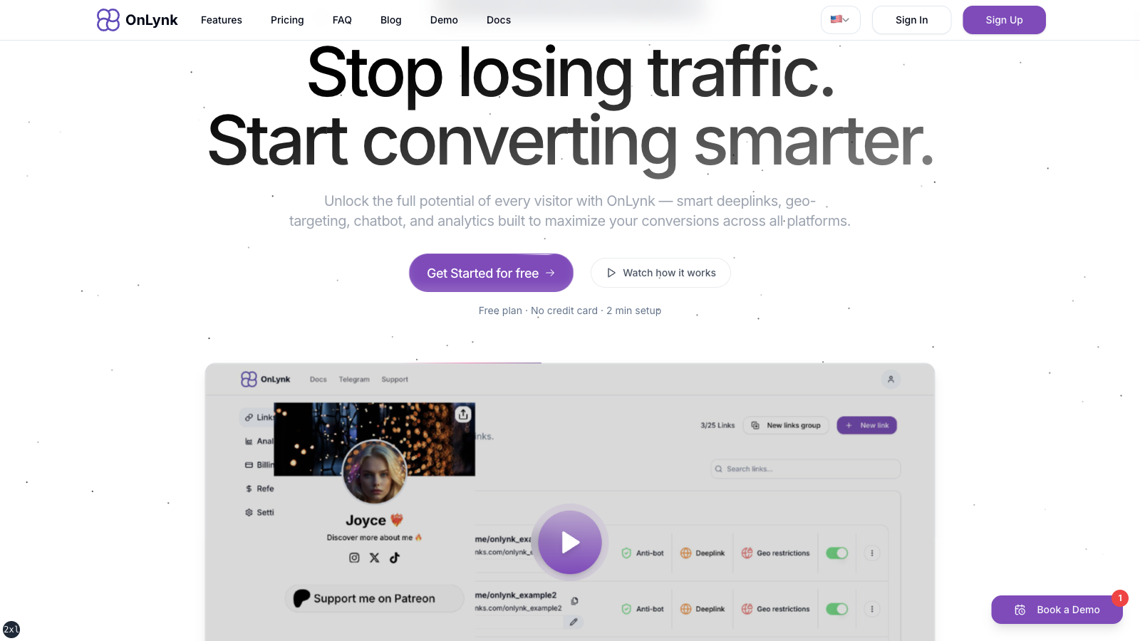 OnLynk marketing homepage: hero section with product messaging and calls to action